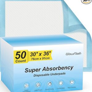 50 Count 30” x 36” Super Absorbency Disposable Underpads, Leakproof Quick Drying, Baby Puppy & Adults Bed Pads Disposable Adults, Dog Pee Pads Extra Large, XXL Incontinence Pads