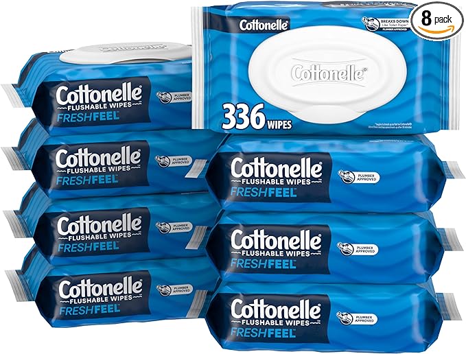 Cottonelle Fresh Feel Flushable Wet Wipes, Adult Wet Wipes, 8 Flip-Top Packs, 42 Wipes Per Pack (336 Total Wipes), Packaging May Vary