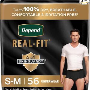 Depend Real Fit Incontinence Underwear for Men, Disposable, Maximum Absorbency, Small/Medium, Black, 56 Count (2 Packs of 28), Packaging May Vary